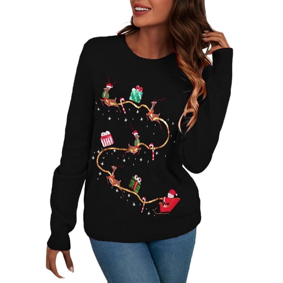 Zhanying Ladies Christmas Sweaters Round Neck Vintage Family Christmas Sweater Cute and Cozy Holiday Sweater for Women
