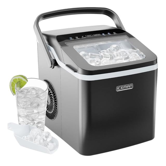 ICEMAN Dual-Size Countertop Bullet Ice Machine w/ 0.88lb Capacity - Black, New front-facing compact countertop ice maker with black plastic housing and top viewing window, intuitive LED display for size/status, included 0.88 lb ice basket and plastic scoop, makes two bullet ice sizes and nine pieces in seven minutes; suitable for drink stations and small gatherings.