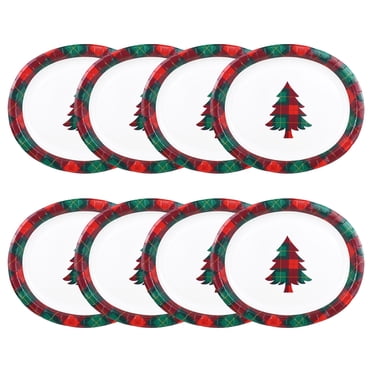 Christmas Multi Color Plaid and Christmas Tree Oval Paper Plate, 12.25 in x 10.25 in, 8 Count, Holiday Time