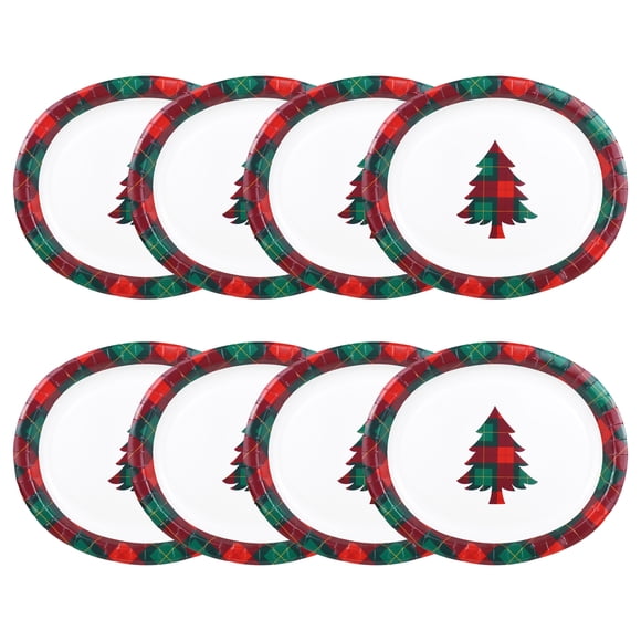 Christmas Multi Color Plaid and Christmas Tree Oval Paper Plate, 12.25 in x 10.25 in, 8 Count, Holiday Time