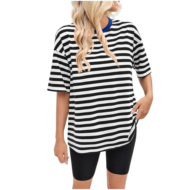 fatyb T-Shirts à Rayures pour Femmes à Manches Courtes Col Ras du Cou Coupe Ample T-Shirt Basique Décontracté d'Été Hauts à Blocs de Couleur