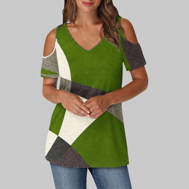 Soki Hauts pour Femmes à Manches Courtes Imprimé Color Block Col en V Épaules Dénudées Vêtements d'Été à la Mode