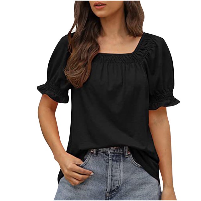 Womens Short Sleeve Blouses Womens Casual Solid Color Square Neck Short Sleeve Tops Blouses Women Short Sleeve Tops Women Short Sleeve Blouse Short Sleeve Tops for Women. A black short-sleeve blouse with a square neckline, featuring gathered detailing and ruffled sleeve edges. Made from lightweight polyester, this casual top is styled with blue denim jeans, suitable for summer occasions like casual outings, parties, or work.