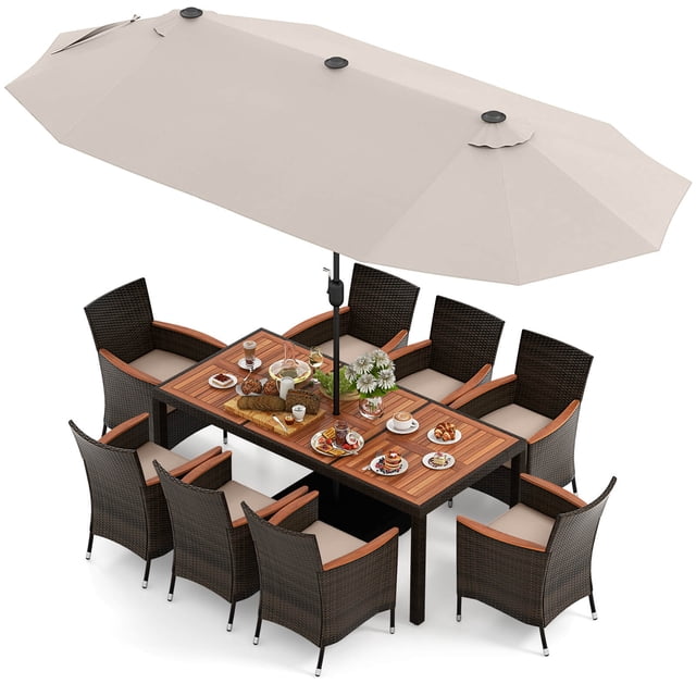 Costway 11 PCS Patio Dining Set with 15ft Double-Sided Patio Umbrella (Base Included) Beige