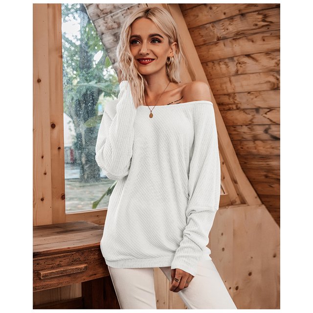 Chandail en Tricot à Épaules Dénudées à Manches Longues pour Femme, Coupe Ample, Uni
