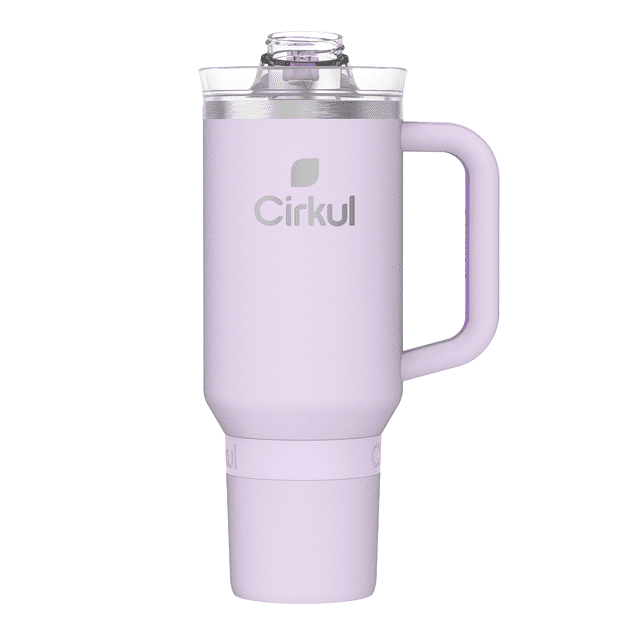 Cirkul 40oz All-Day StrawSip Double-Wall Insulated Stainless Steel Tumbler with Handle in lilac, featuring a spill-resistant clear lid with StrawSip technology, ergonomic comfort-grip handle, double-wall vacuum insulation for prolonged ice retention, and compatibility with left and right-handed use and most cup holders.