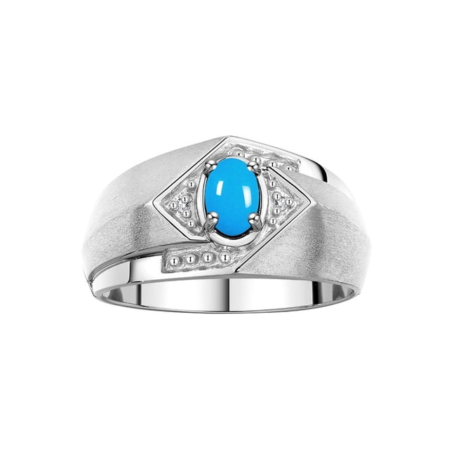 RYLOS Mens Rings Sterling Silver Ring 6X4MM Oval Shape Gemstone & Diamond Ring Turquoise December Birthstone Rings For Man Silver Rings, Size 9
