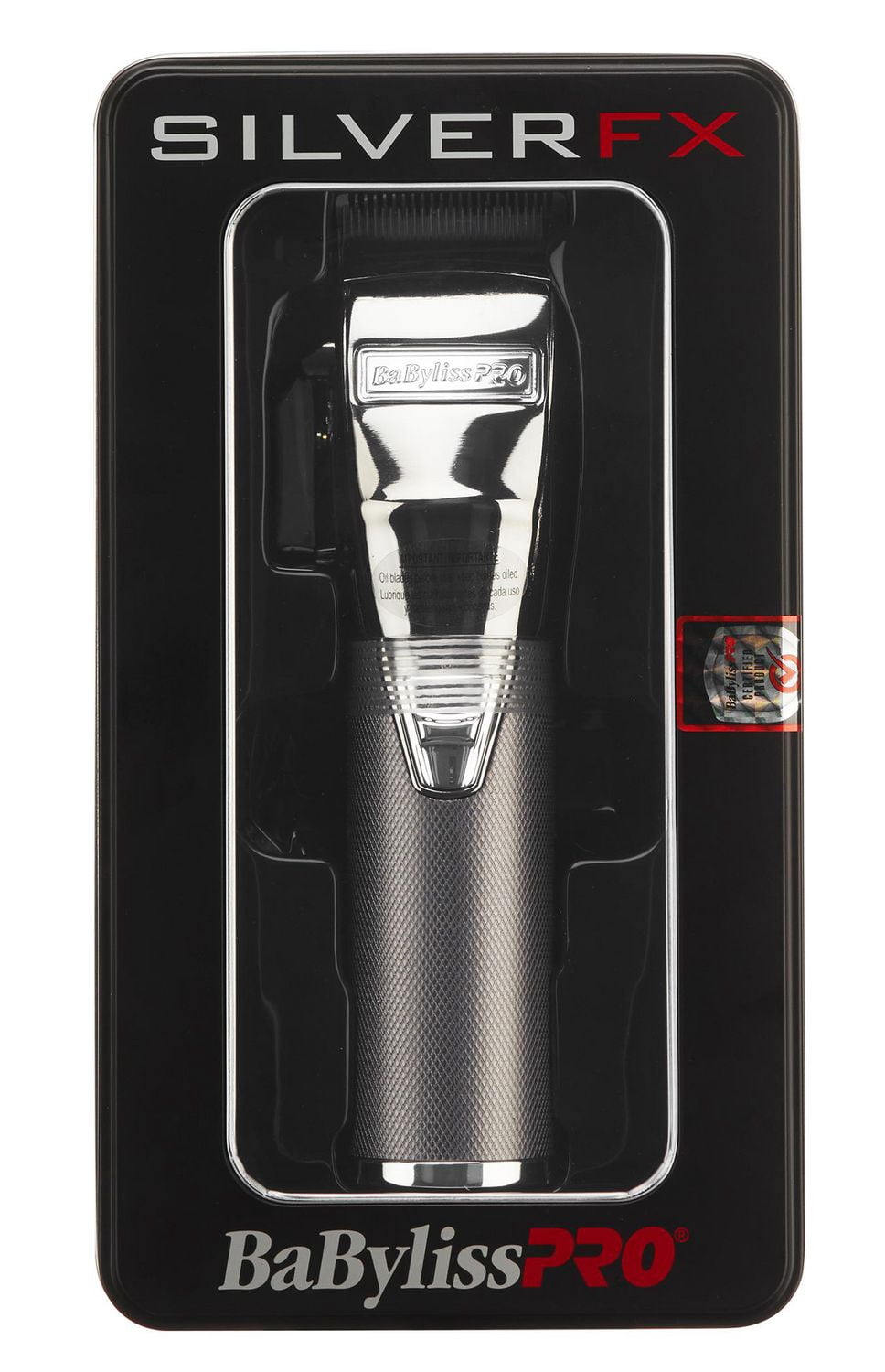 Tondeuse BaBylissPRO SilverFX métallique, filaire/sans fil, moteur brushless, batterie lithium‑ion et 6 guides de coupe