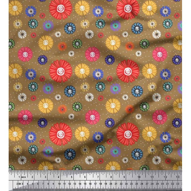 Soimoi Brown Rayon Fabric Dots & Aster Floral Print Sewing Fabric Yard 42 Inch Wide