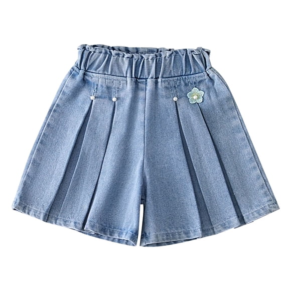 LIJCC Girls Denim Shorts Skirts Fashionable Flower Decoration Pleated Solid Color Elastic High Waist Summer Trendy Lightweight Denim Skorts