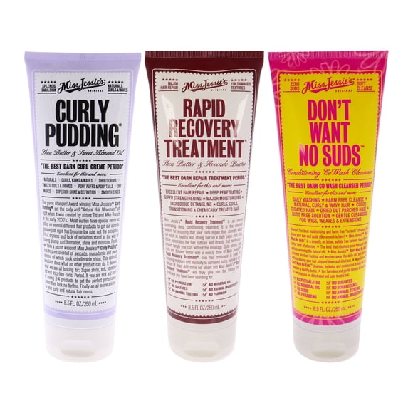 Pas Besoin de Mousse avec Pouding Bouclé et Trousse de Traitement à Récupération Rapide par Miss Jessies pour Unisexe - Trousse 3 Pcs Nettoyant 8,5 Oz, Crème 8,5 Oz, Traitement 8,5 Oz