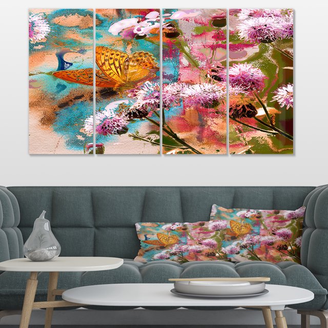 Papillon Jaune sur Fleurs de Chardon - Impression sur Toile d'Art Floral