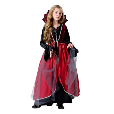 Costume de Vampire pour Filles, Robe Gothique en Dentelle d'Halloween 2024, Robes à Manches Longues en Dentelle pour Enfants, Déguisement de Reines Médiévales d'Halloween Rouge 10-12 Ans