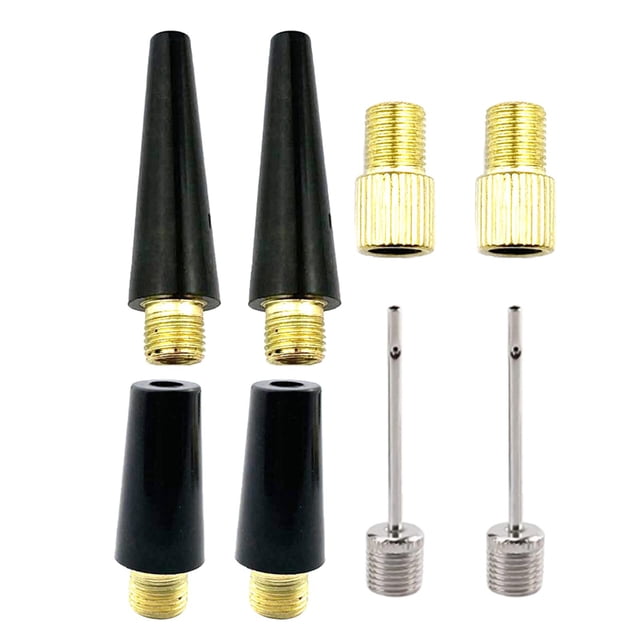 Ball Nozzle Adapter, Accessories, Connector Metal Inflator Hand for Balloon Air Pump Sports Tyre Inflatable Toys 8 Pieces. This set includes 2 metal ball pins, 4 black nozzles, and 2 metal adapters, all with a thread diameter of 0.7 cm (0.28 in). Made of durable metal and plastic, these adapters are compatible with most air pumps and ideal for inflating sports balls, bike tires, and inflatable toys.