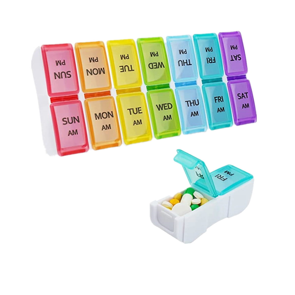 Mistaha Rainbow Weekly Pill Organizer Box - 7 Day Plastic Pill Case with 14 Compartments, Portable & Moisture-Proof Pill Storage Container