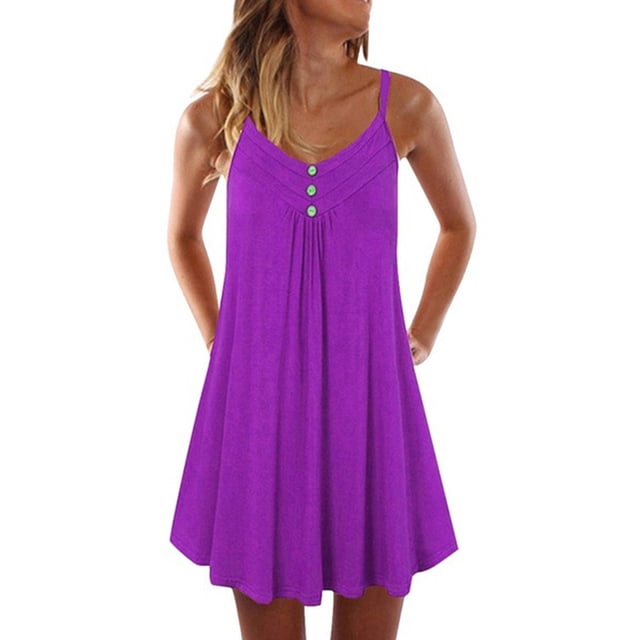 MAWCLOS Robe d'Été Évasée pour Femme, Ligne A, Boutonnée, à Bretelles, Robe Nuisette Plissée Courte Mini, Ample, de Travail, à Bretelles Spaghetti, Violet, 4TG