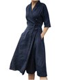thumbnail image 1 of Pompotops Robe Décontractée de Mode pour Femme en Coton et Lin, Couleur Unie, Manches Mi-Longues, à Lacets, à Revers, en Solde, 1 of 7