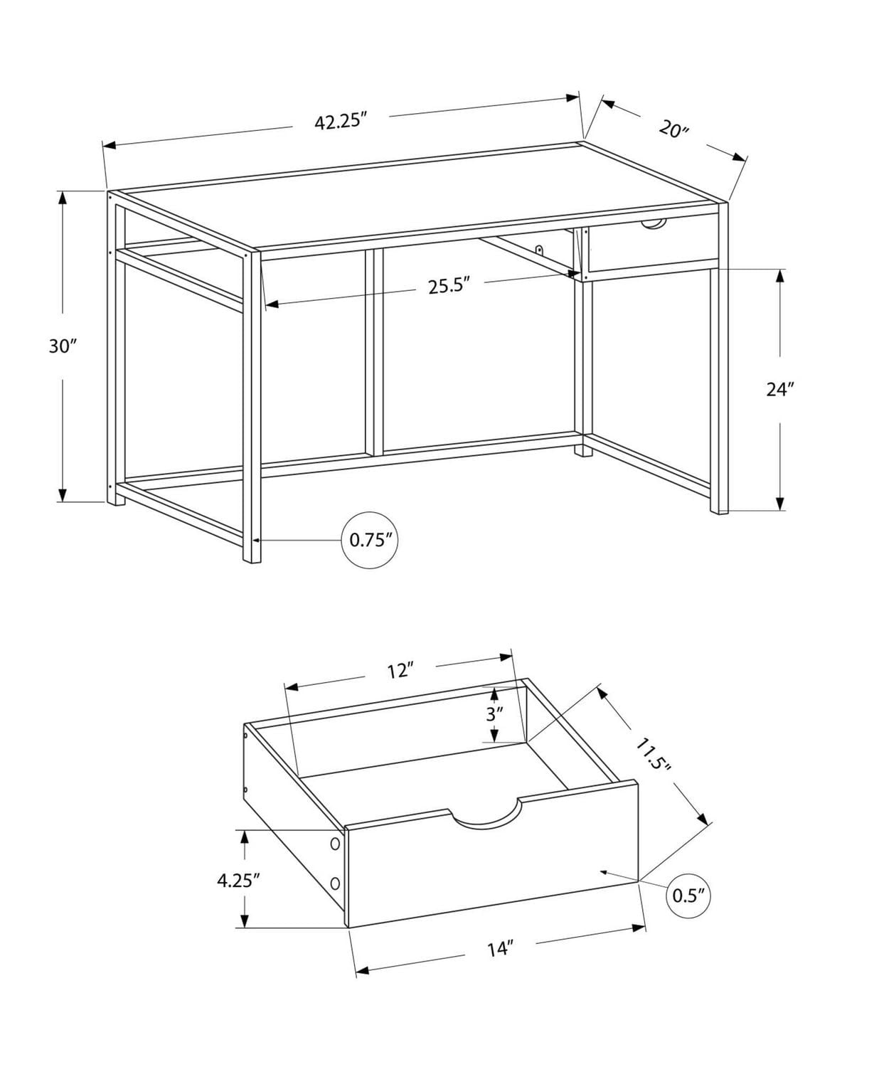 Monarch Specialties Computer Desk, Home Office, Laptop, Storage Drawer, 42"l, Work, Metal, Laminate, White, Contemporary, Modern