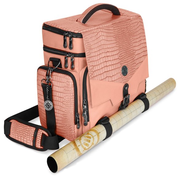 ENHANCE Collector's Edition RPG Adventurer's DnD Bag - Dragon Hide Exterior Travel RPG Bag with Tabletop Miniatures Storage Vault Mat Holder DnD Dice & Token Pockets Fits 4-8 Books (Dragon Pink)