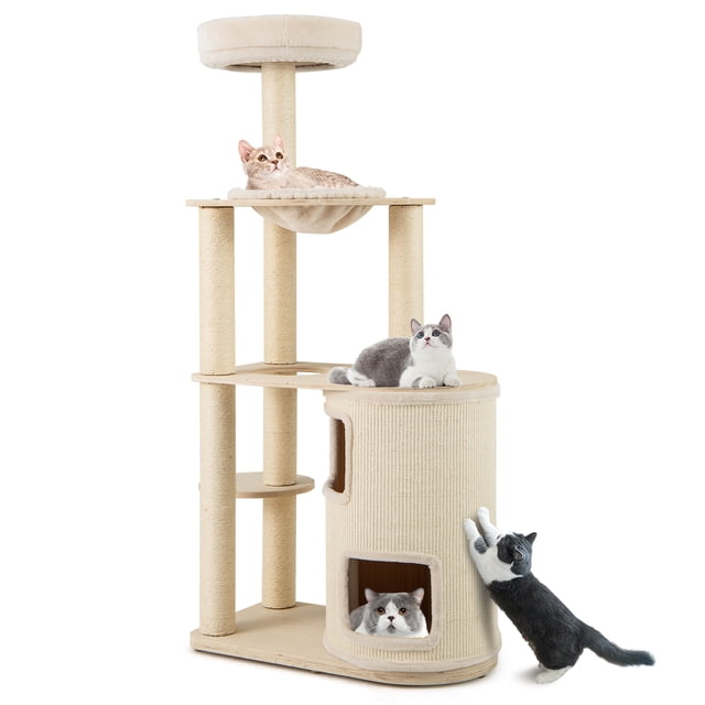 Gymax Modern Cat Tree for Indoor Cats with a 2-story condo, sisal scratching posts, and a mat. This natural and white wooden cat furniture features a padded top perch, a hanging basket, and multiple levels for climbing. The 2-tier condo includes a breathable bamboo interior and a sisal scratching mat exterior. Fully wrapped sisal posts and a scratching board cater to cats' scratching instincts. Ideal as a cat activity center, it measures 27.5'' x 15.5'' x 60'' (L x W x H).
