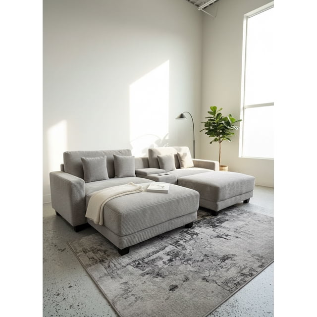 Olivia - Oversized Corduroy Loveseat W/ Two Ottomans & USB Ports