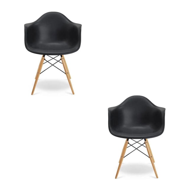 Mid-Century Modern Style Plastic Kids Chair SET OF 2 with black molded polypropylene seats, arms, and backrests, supported by natural beech wood Eiffel-style legs with black metal cross supports, shown front-facing on white background, ideal for kids' rooms and accent seating, also suitable for small craft or study areas.