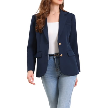 INSPIRE CHIC Blazer pour Femme à Revers Cranté, Manches Longues, Simple Boutonnage, Vestes de Tailleur de Travail, L Bleu Foncé