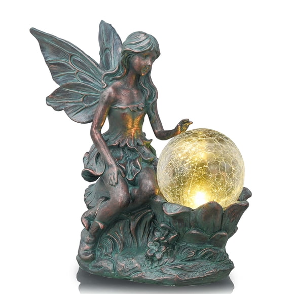 TERESA'S Collections Fairy Garden Statues with Solar Outdoor Light for Outdoor Decor, Fairy Garden Decor Sculptures with Crackle Glass Globe, Gifts for Mom Mot