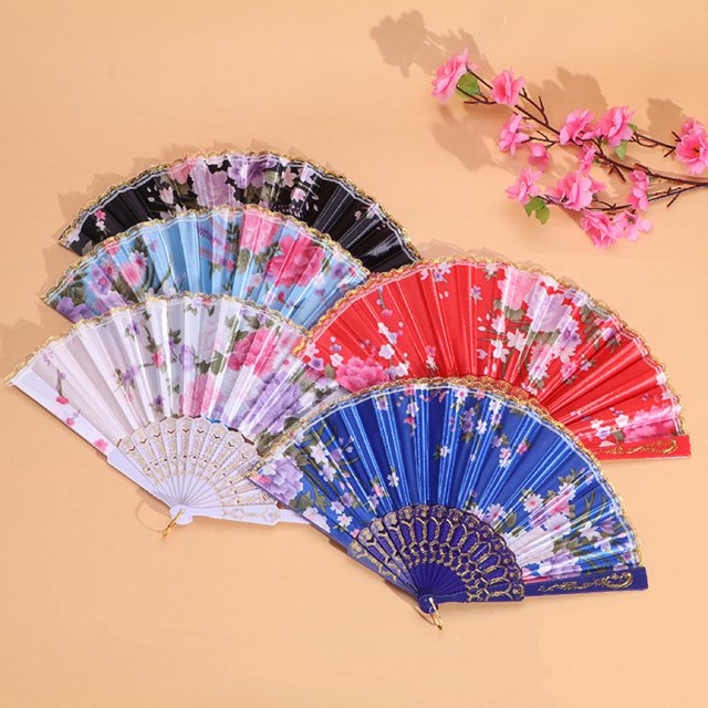 YAOMOBB Exquisite Craftsmanship Fan Chinese Style Folding Fan Hot Stamping Silk Fabric Handheld Fan with Gold Edge Flower Patterns for Wedding Dancing