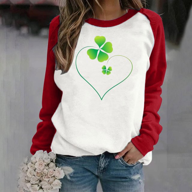 XZNGL Ladies Saint Patricks Day Printed Round Neck Long Sleeved T-shirt Loose Top