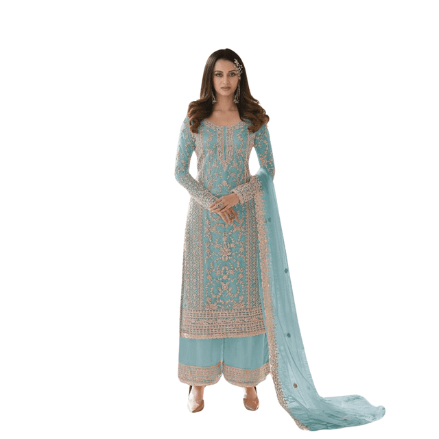 Custom Made Indian Women Designer Embroidery Work Straight Sky Blue Kurti Pant With Dupatta.