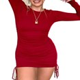 thumbnail image 1 of Women Long Sleeve Ruched Mini Dress Lady Solid Color Drawstring Pencil Skirt Knit Streetwear Red S, 1 of 4