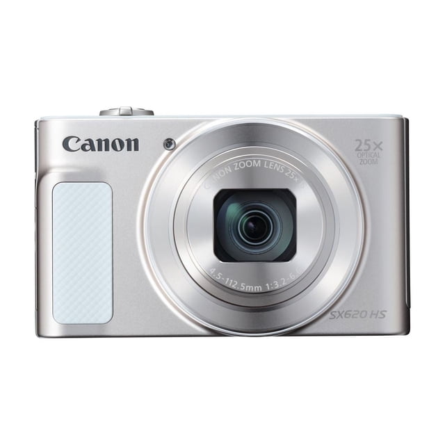 Canon Powershot SX620 HS digital camera front view with silver compact body, large central lens featuring 25x optical zoom, textured grip on left side, and Canon logo on top left corner.