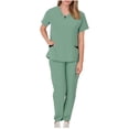 thumbnail image 1 of Yanlir Pants Sets for Women Solid Color Drawstring Pants Protective-Suit Short Sleeve V-Neck Shirts Sets with Pockets 2 Piece Outfits(Green,S), 1 of 5