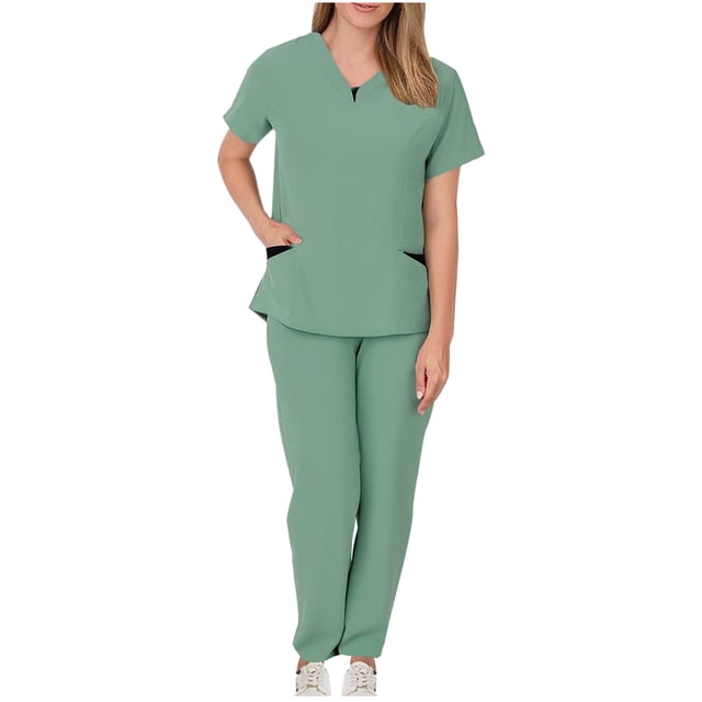 Yanlir Pants Sets for Women Solid Color Drawstring Pants Protective-Suit Short Sleeve V-Neck Shirts Sets with Pockets 2 Piece Outfits(Green,S)