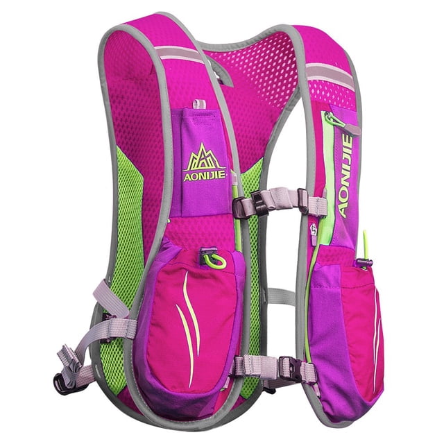 Hydration Backpack, 5.5L Running Hydration Vest in rose and green colors, designed for marathon, trail running, cycling, climbing, and hiking. Features lightweight nylon fabric, breathable diamond honeycomb mesh, adjustable straps, and six external pockets for hydration bladder, water bottles, and small essentials.