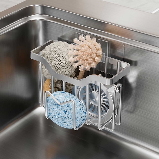 Fwttom Sponge for Kitchen Sink Movable Kitchen Sink Caddy with Shape Hook Stainless Steel Hanging Sponge Caddy for Sponge Brush Sink Stopper Organizer
