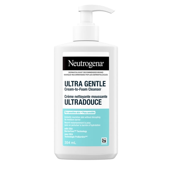 Neutrogena Ultra Gentle Cream-to-Foam Cleanser, Face Wash for Sensitive Skin, Dry Skin, Cleanser, Dermatologist Tested, Hypoallergenic, Cica, Fragrance Free