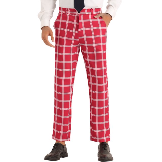INSPIRE CHIC Plaid Pattern Pants for Men's Slim Fit Flat Front Work Office Checked Trousers Red 38
