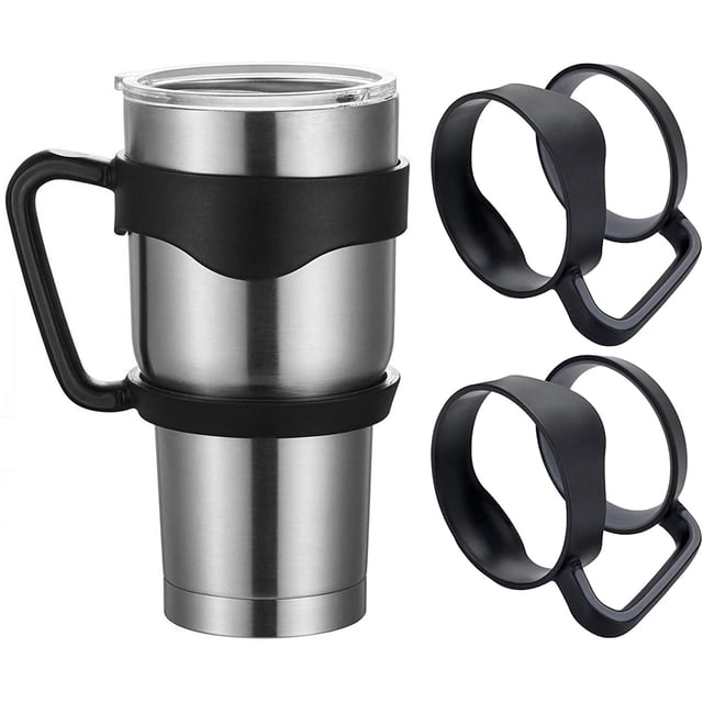 Rongmo Poignée pour Gobelet et Tasse Yeti Rambler de 30 oz, Illustrée en Noir avec un design à Double Anneau pour une Fixation Sécurisée. Compatible avec RTIC, Thermik et Autres Gobelets. Comprend Trois Poignées Noires Affichées à Côté d'Un Gobelet en Acier Inoxydable.