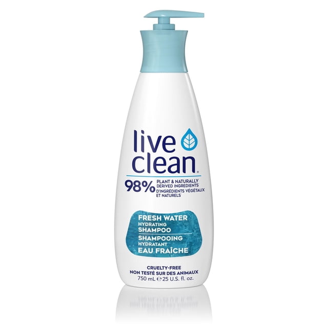 Live Clean Fresh Water Hydrating Shampoo in a white 750 mL bottle with a light blue pump dispenser, featuring 98% plant and naturally derived ingredients, cruelty-free and vegan formula, designed for gentle hydration and shine, with bilingual English-French labeling.