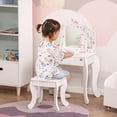 thumbnail image 2 of Qaba Kids Vanity Table and Stool, Makeup Vanity Girls Dressing Table Set with Tri-folding Mirrors Drawer Star and Heart Pattern, White, 2 of 10