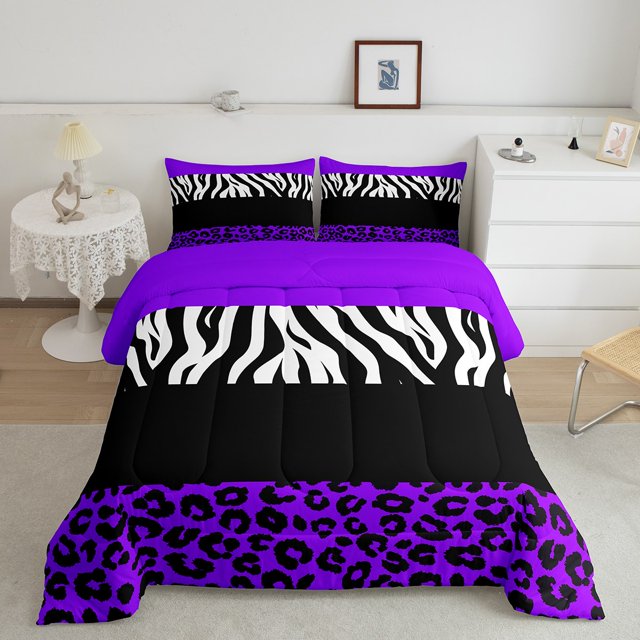 Erosebridal Teens Leopard Print Bedding Twin Comforter Set, Wildlife Down Comforter, Geometry Striped Decor, Reversible 2pcs