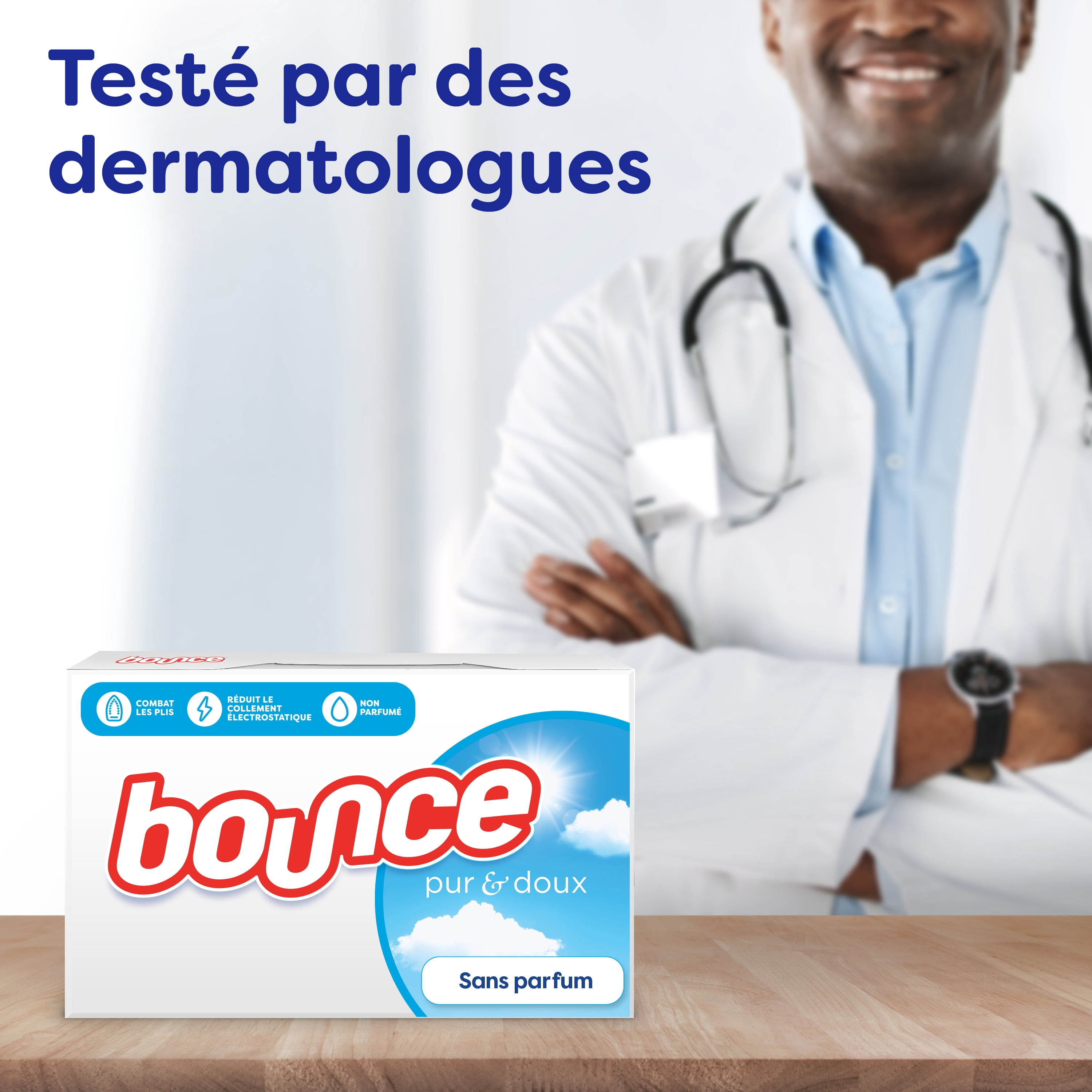 Feuilles assouplissantes Bounce, Pur et doux, non parfumées, feuilles assouplissantes hypoallergéniques pour la peau sensible et sans colorants ni parfums, 250 unités