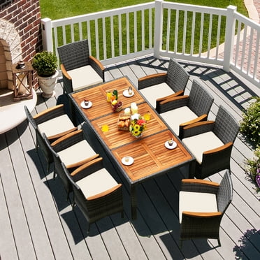 Costway Ensemble de Salle à Manger de Patio en Rotin 9 Pcs Gris Mixte Table en Bois d'Acacia Chaise Rembourrée