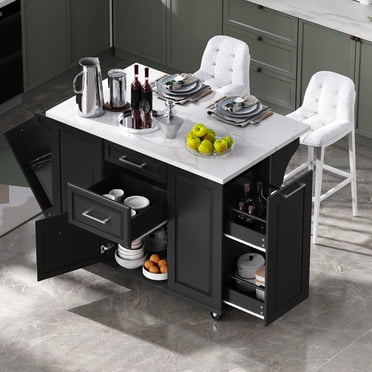 Rolling Kitchen Island Cart with Storage, 50.7" Kitchen Island with Drop Leaf, Tilt Trash Cabinet & Pull-Out Organizer, Mobile Kitchen Cart with Drawers and Wheels for Kitchen Dining Room