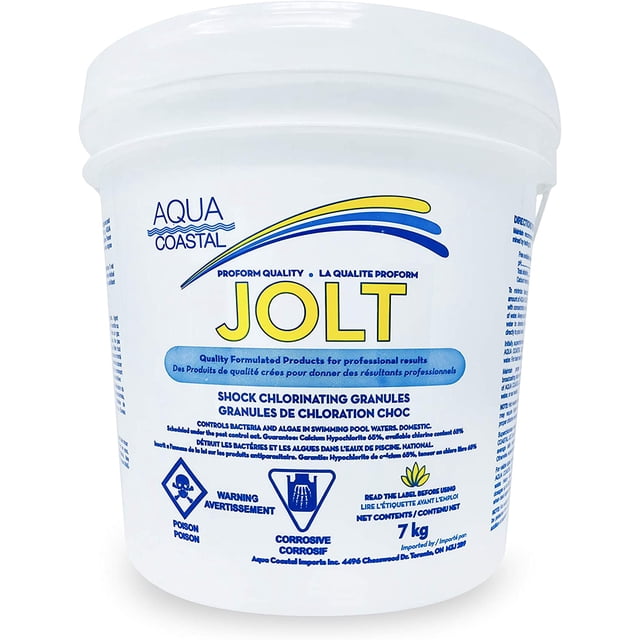 Aqua Coastal Premium Pool Shock Chlorinating Granules, 7kg container with 65% available chlorine, ideal for pool shock treatments. The white container displays yellow and blue branding and detailed instructions for pre-dissolving granules, dosage adjustments for algae and temperature conditions, and weekly superchlorination to maintain clean and clear pool water.