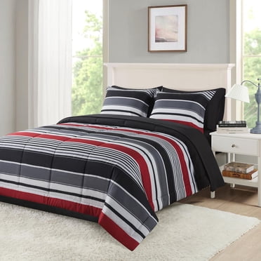 Mainstays all in one reversible comforter and sheet Set- 7 Piece, Queen, Red and Black Stripe