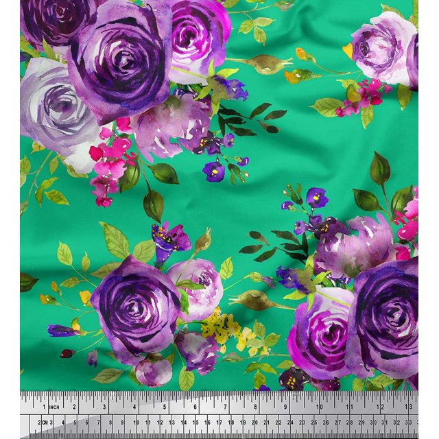 Soimoi Tissu Satin Modal Feuilles et Imprimé de Fleurs de Roses, Tissu au Mètre, 42 Pouces de Large