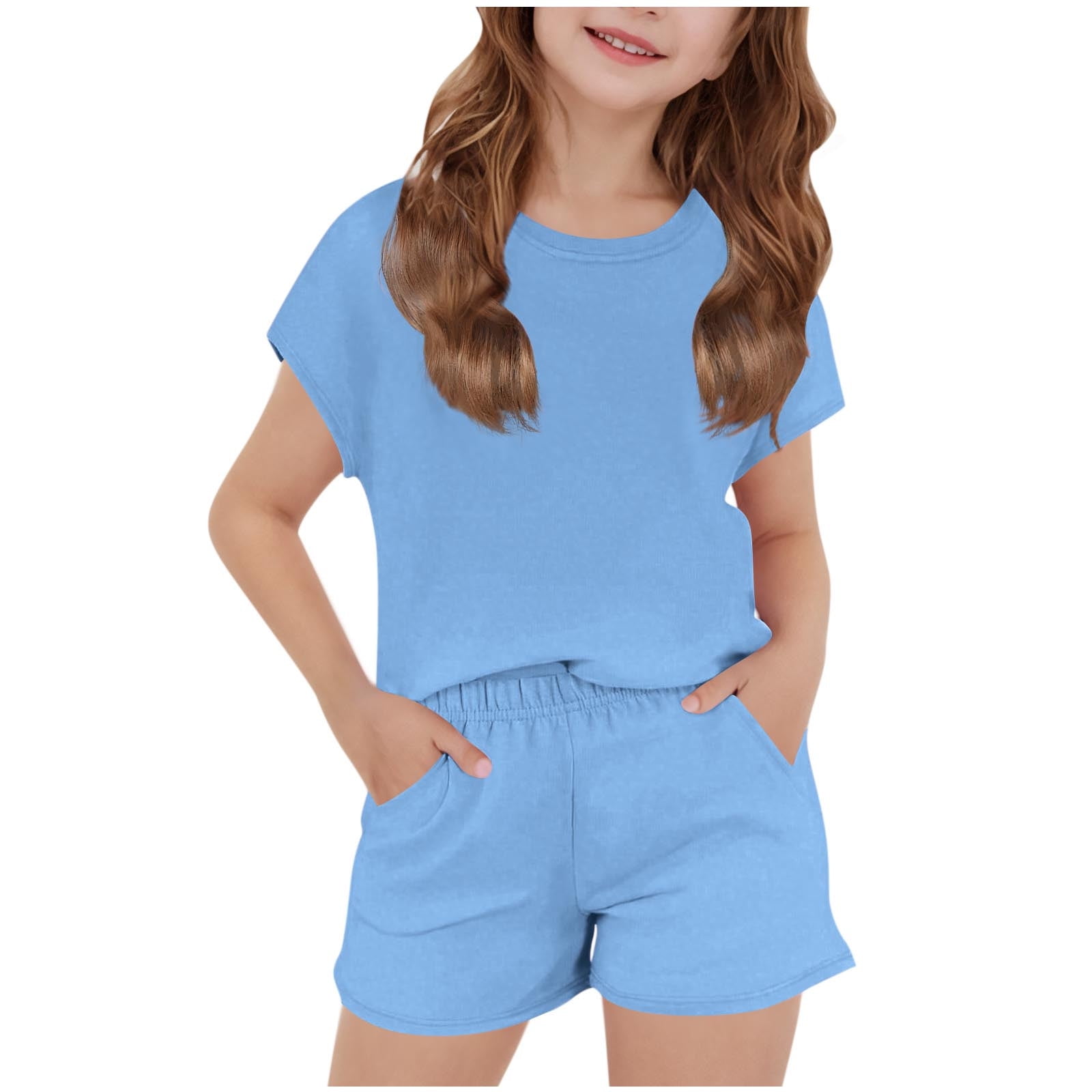 Swstbby Summer Savings Clearance! Girls Summer Outfit Sets, Fashion Boy And Girls' Casual Short Sleeve Round Neck Collar Botton Solid Color Short Pant